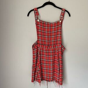 Riley and James distressed plaid print mini overall skirt